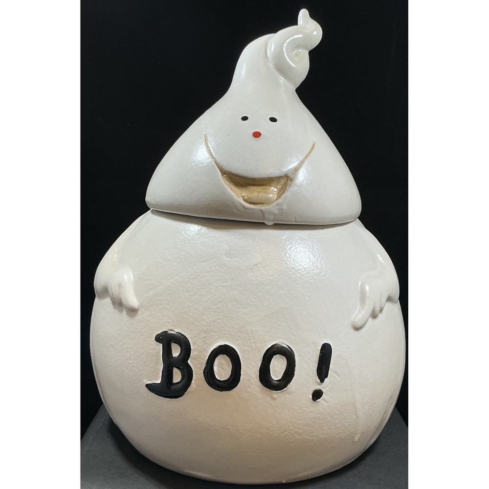 Vintage Halloween Ghost Ceramic Cookie Jar Boo White Glazed Stoneware 78328